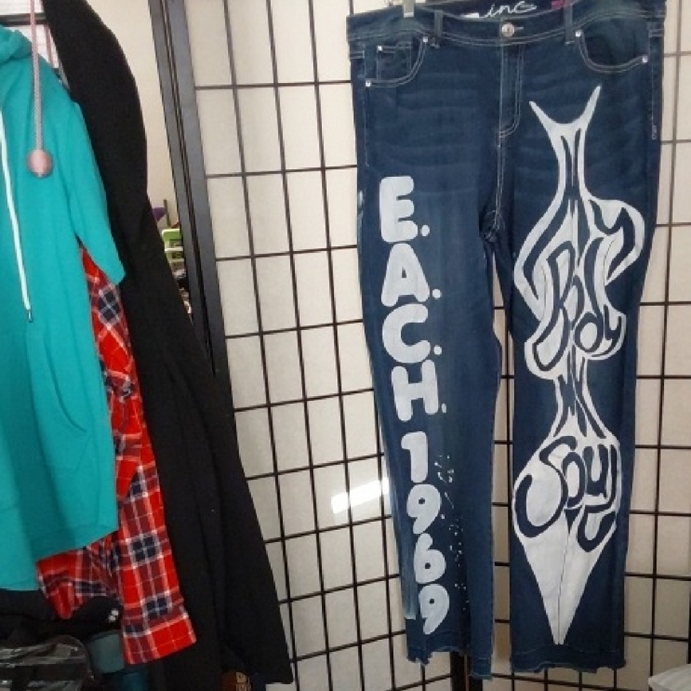 Blue Graphic Jeans with White Lettering
